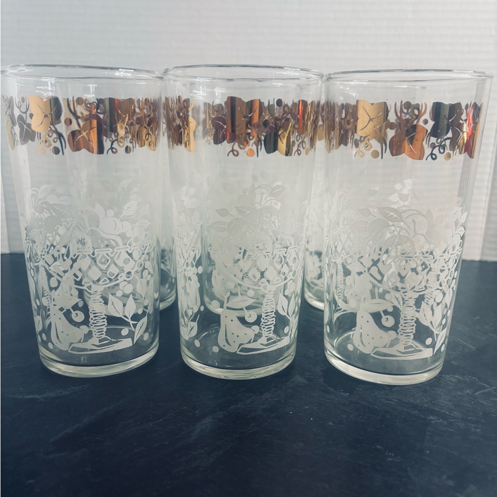 VTG MCM gold ivy and fruit basket drinking glasses set of 6 Hazel Atlas